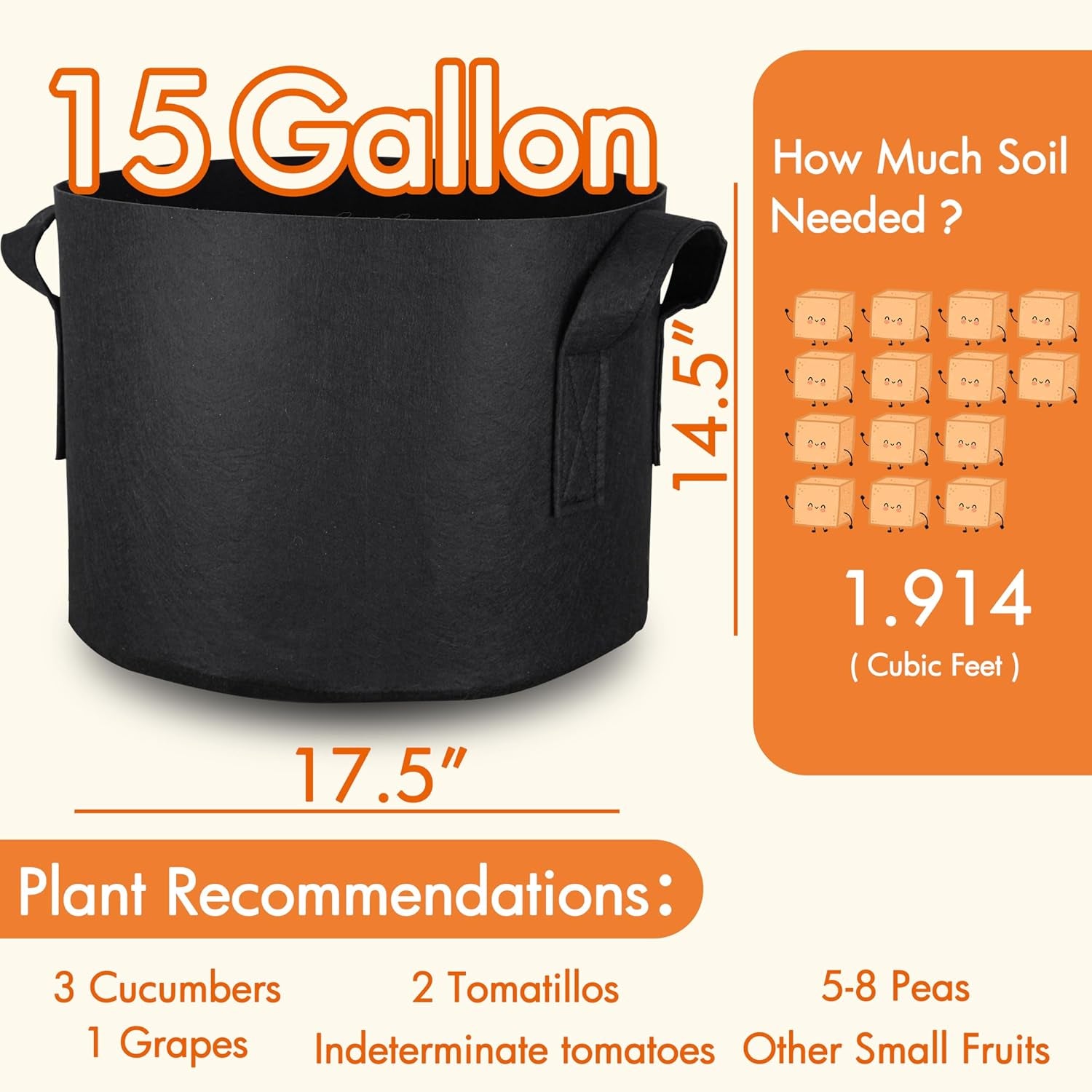 10-Pack 15 Gallon Grow Bags, 300G Thickened Fabric Grow Bags with Handles, Heavy Duty Aeration Plant Grow Bags for Indoor & Outdoor Use