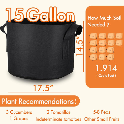 10-Pack 15 Gallon Grow Bags, 300G Thickened Fabric Grow Bags with Handles, Heavy Duty Aeration Plant Grow Bags for Indoor & Outdoor Use