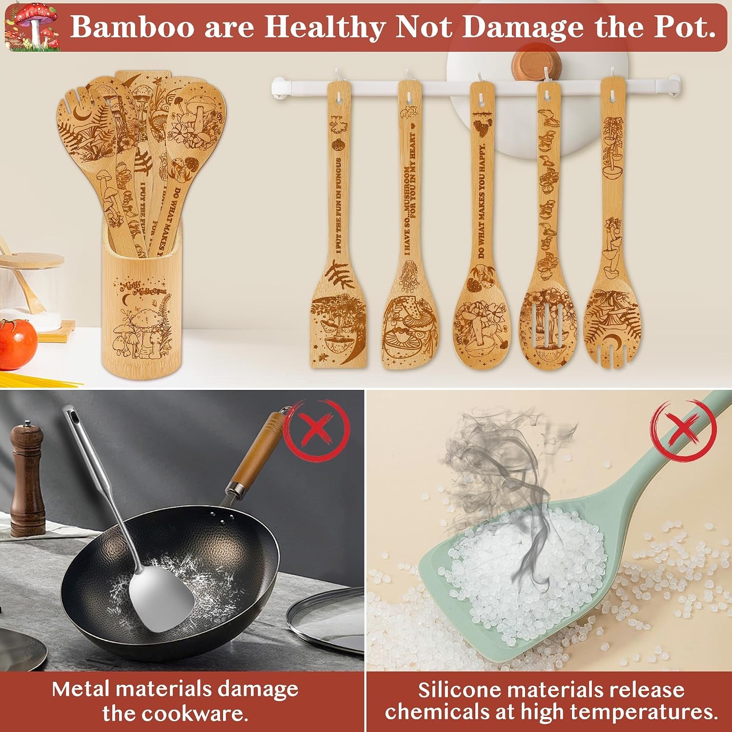 Mushroom Kitchen Decor Bamboo Wooden Spoons with Utensil Holder-Mushroom Kitchen Accessories for Cooking-Home Decorations Gifts for Women-Housewarming,Birthday,Easter,Mothers Day Gift（6Pcs）
