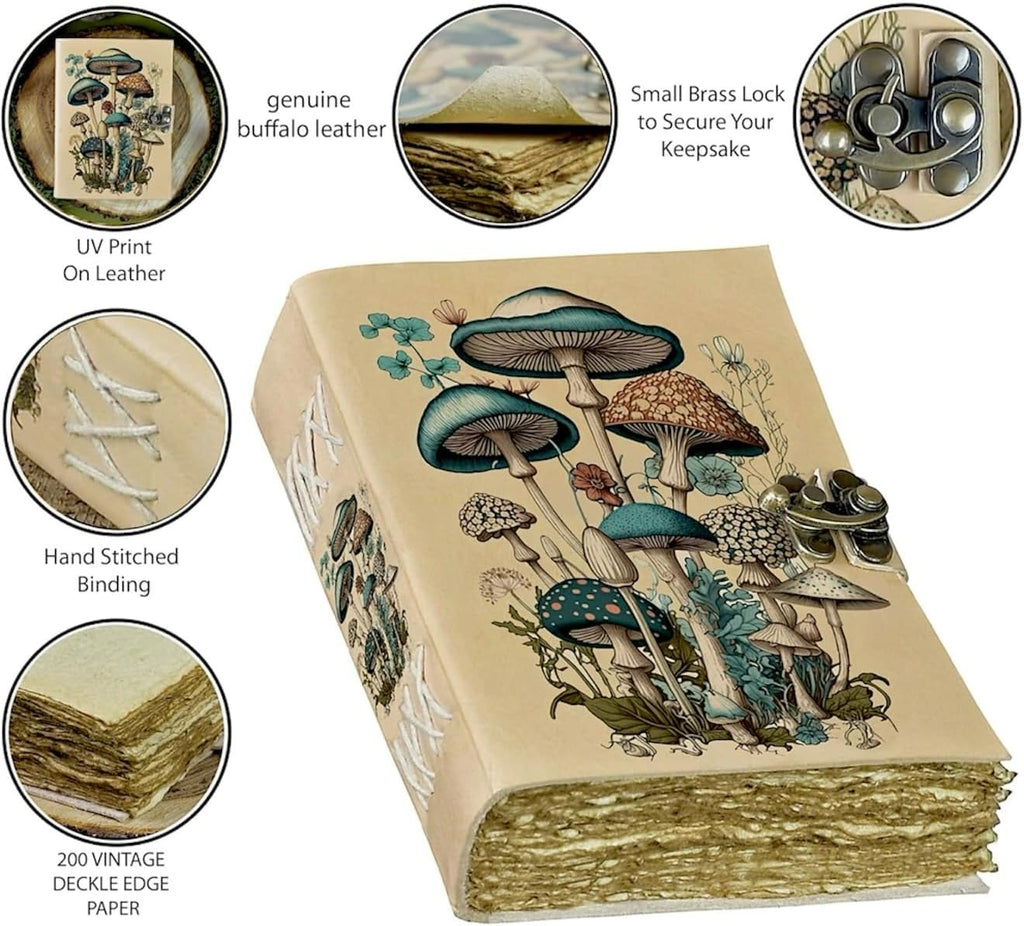 Mushroom Printed Blank Spell Book of Shadow Leather Journal Deckle Edge Paper Witchy Wiccan Journal Spiral Gothic Notebook Grimoire Journal Festival Gifts for Men and Women