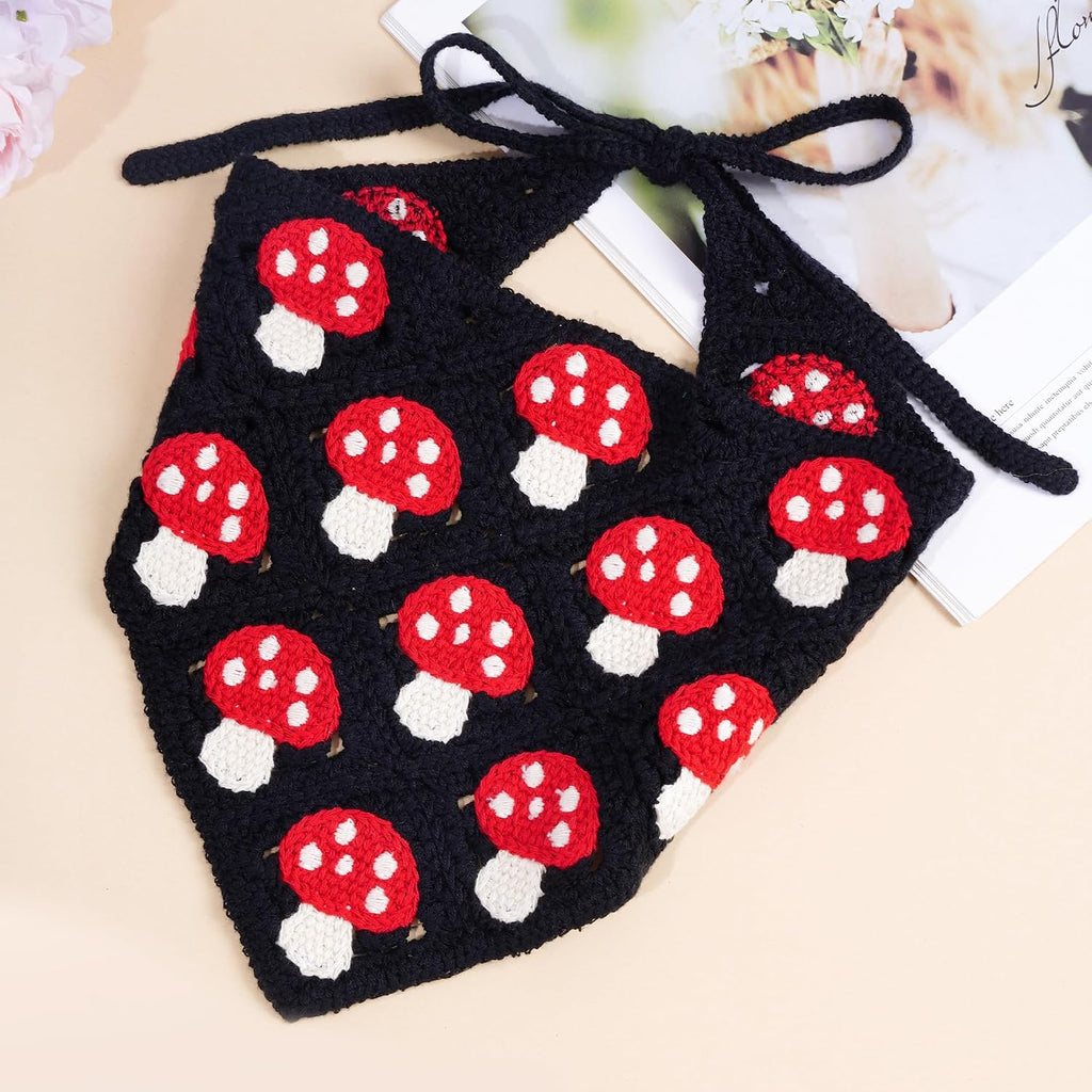Crochet Bandana Headband Head Scarf Hairband for Women Black Knitted Mushroom Hair Accessories for Festival 80S Hair Styling Decor