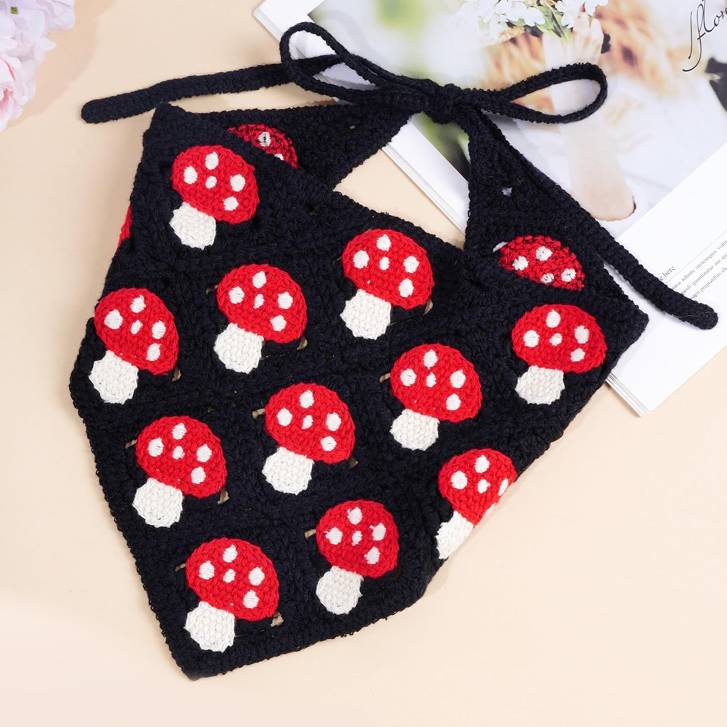 Crochet Bandana Headband Head Scarf Hairband for Women Black Knitted Mushroom Hair Accessories for Festival 80S Hair Styling Decor