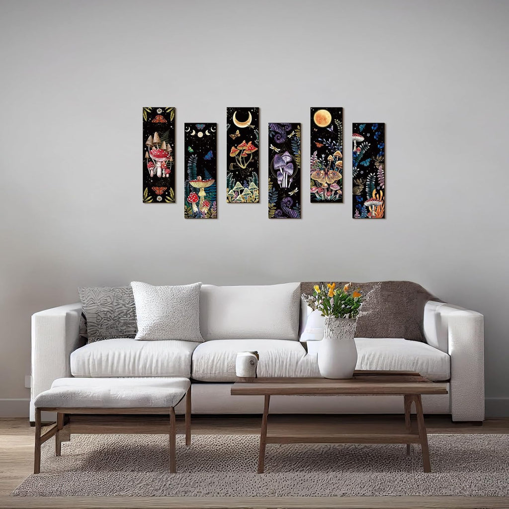 6 Pcs Mushroom Wall Decorations Gothic Wall Decor Minimalist Wooden Boho Hanging Witchy Farmhouse Pediments for Gallery Bedroom Living Room Decorations