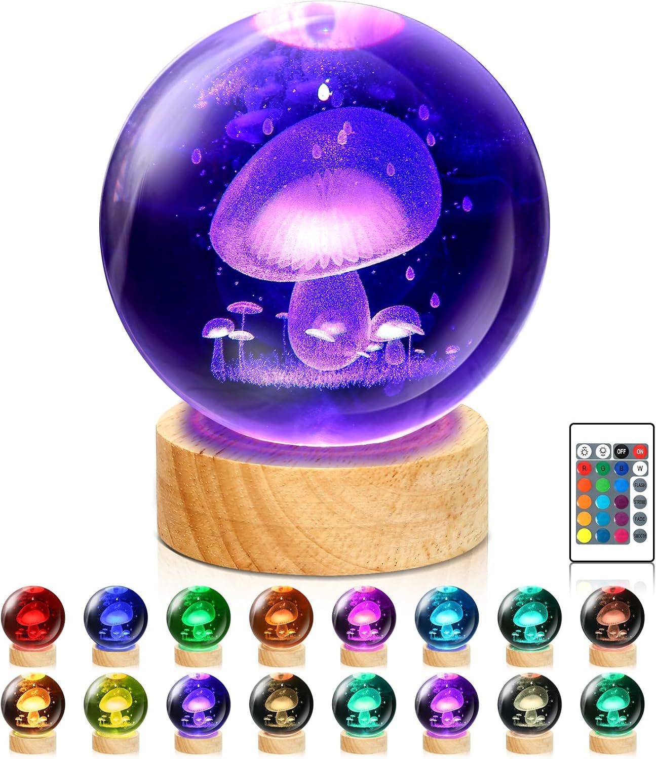 Mushroom Lamp,3.15 Inch 3D K9 Crystal Ball Mushroom Night Light with Wooden Base,16 Colors Change,Remote Control,Color Box,Birthday Christmas Gift