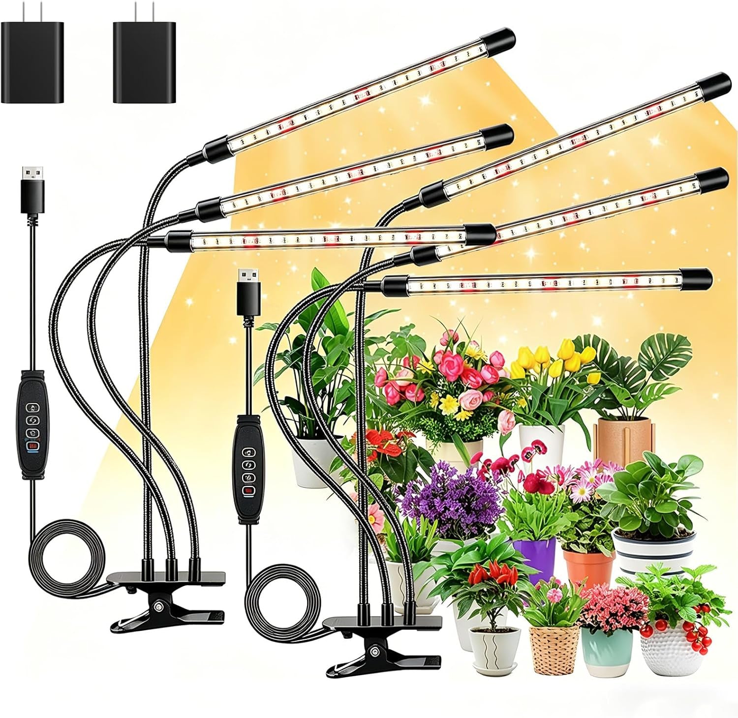 LED Grow Lights for Indoor Plants, 3Heads Grow Lights for Seed Starting, 10 Dimmable Levels & 3 Timer Modes (3/9/12H), Adjustable 360° Gooseneck with Clip, Plant Grow Light 2 Pack