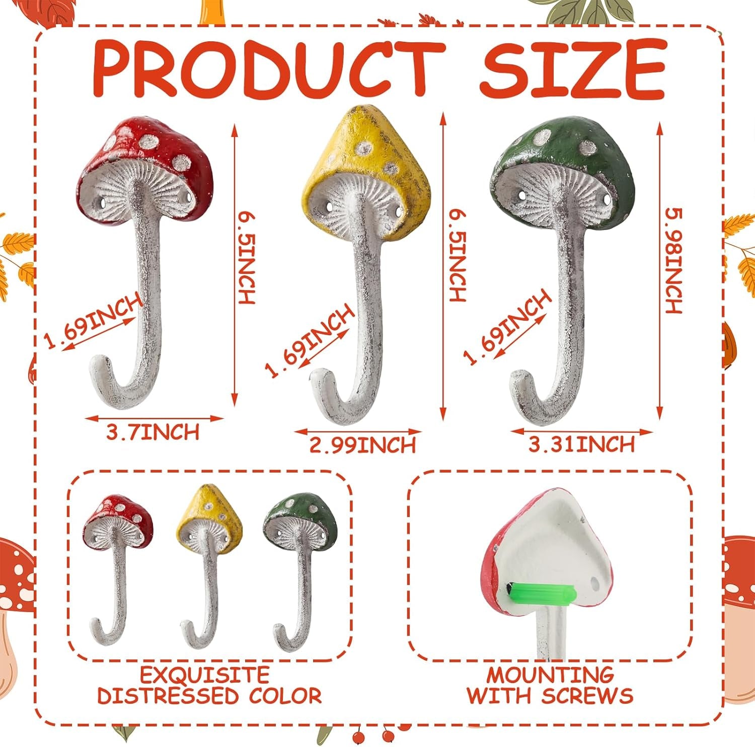 3 Pcs Mushroom Wall Hooks Decorative Iron Mushroom Shaped Hanging Hooks Wall Mounted Coat Towel Bags Hanger Key Holder for Home Bathroom Kitchen(Long Size,Cute Style,Multicolor)