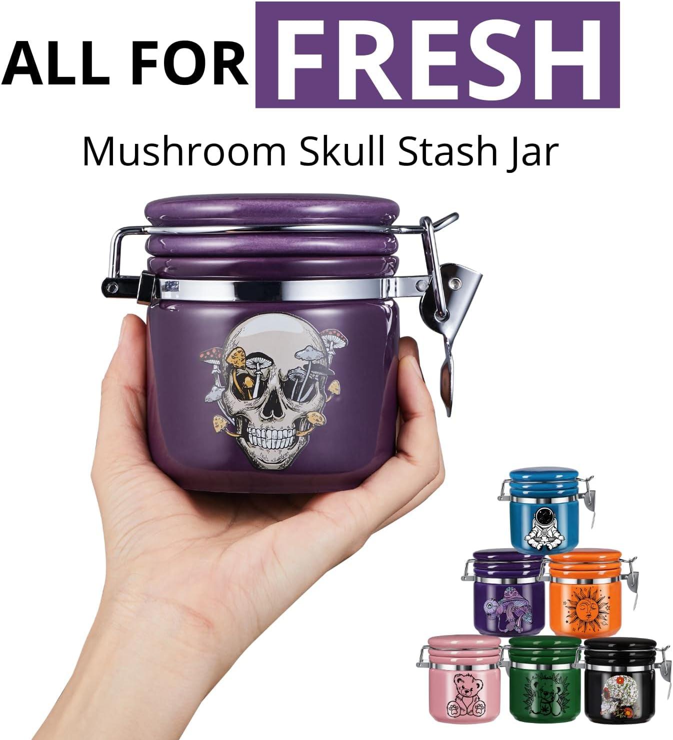 Mushroom Skull Stash Jar Half Oz (250Ml), Odor Smell Proof Jar Airtight Container Keep Herbs Fresh Storage, Mushroom Skull Bowl Bottle Holder - Goth Skull Decor Gothic Mushroom Skull Gifts - Purple