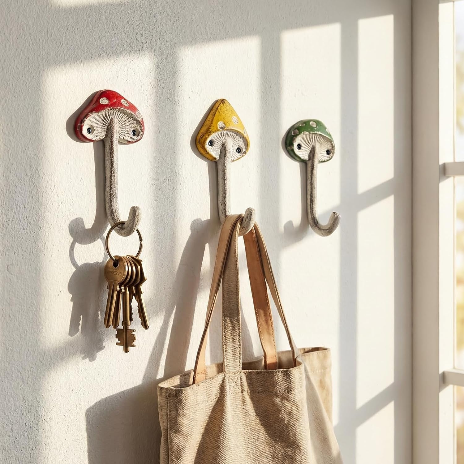 3 Pcs Mushroom Wall Hooks Decorative Iron Mushroom Shaped Hanging Hooks Wall Mounted Coat Towel Bags Hanger Key Holder for Home Bathroom Kitchen(Long Size,Cute Style,Multicolor)