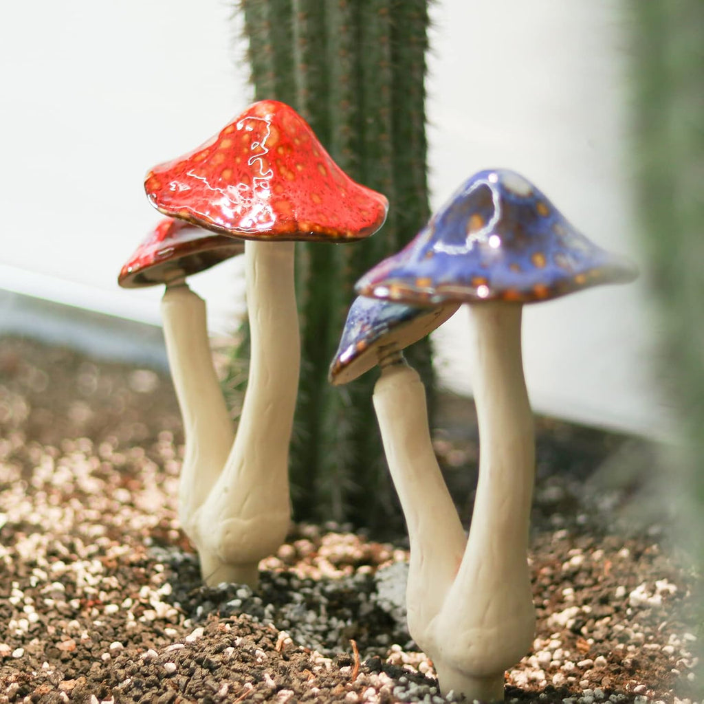 Mushroom Yard Decor - 2Pcs Ceramic Mushroom Statue for Garden, Fairy Garden Stakes Ceramic Lawn Ornament Decor Plants Stake