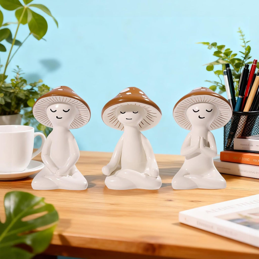 3 PCS Meditation Mushroom Statue - Cute Mushroom Decorations Figurines Mushroom Decor Statue Resin Figurine for Cute Room Decor Mushroom Figurines for Tabletop Garden Bathroom Backyard Shelf Decor