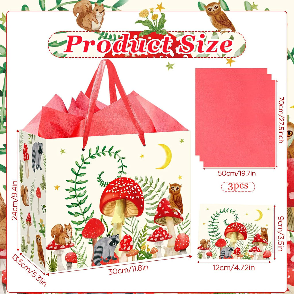 Mushroom Gift Bag for Mushroom Party Decoration Mushroom Birthday Gift Bag with Tissue Papers and Card Mushroom Themed Wrapping Bags Squirrel Owl for Boys Girls Xmas Jungle Party Christmas Baby Shower