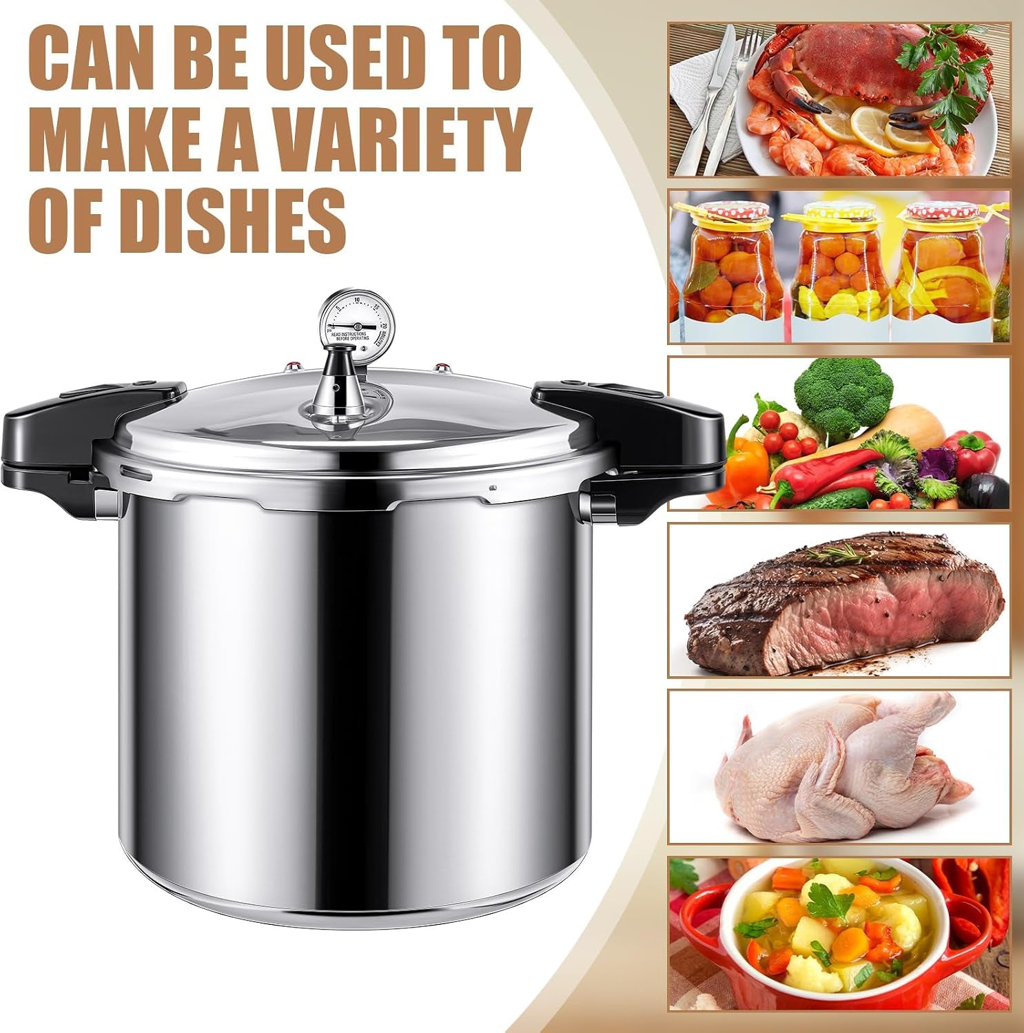 24Qt Pressure Cooker with 6 Mason Jars, 6 Canning Supplies with Pressure Panner Stainless Steel Steam Rack Gauge for Canning, Silver