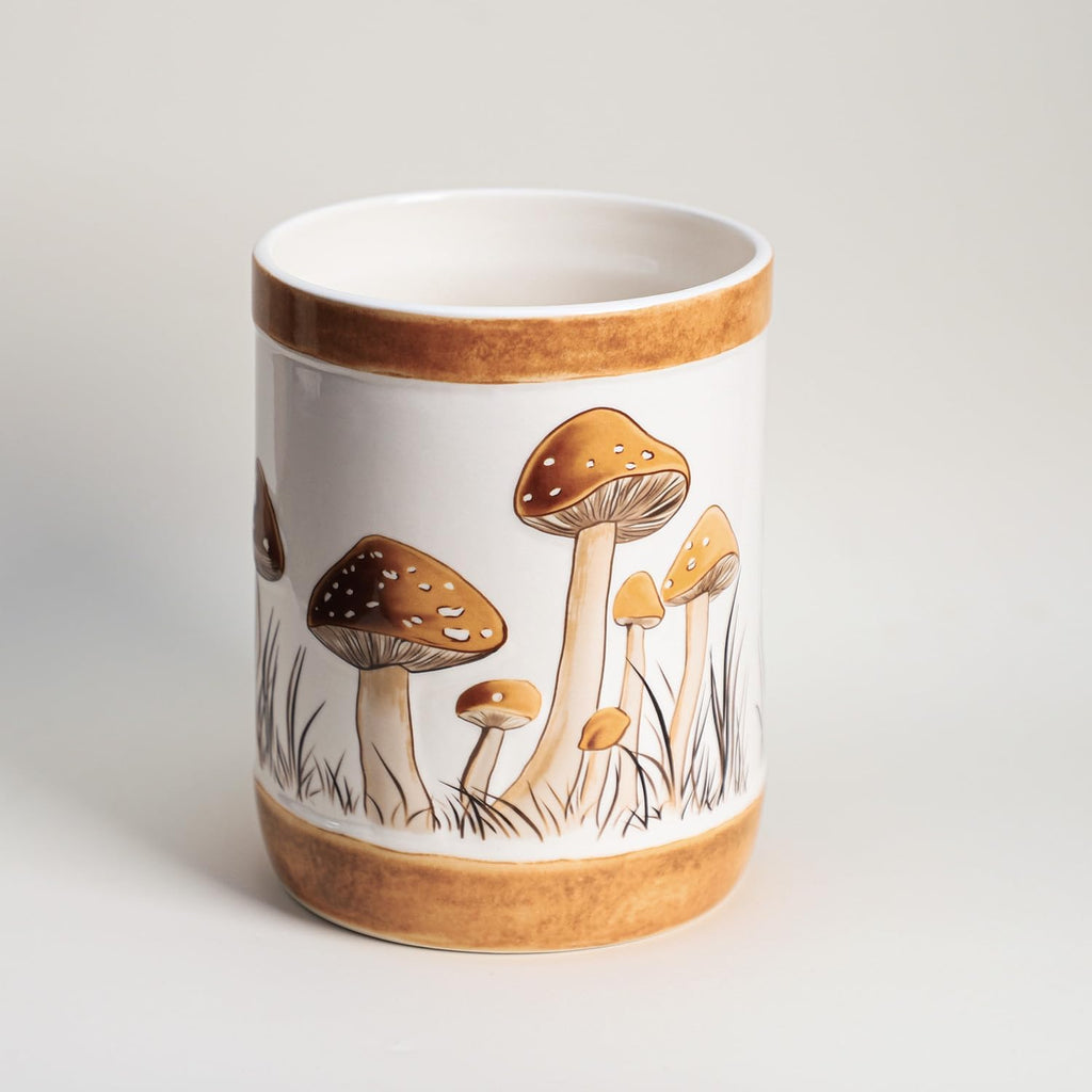 Brown Ceramic Mushroom Pattern Kitchen Utensil Holder, Large Cooking Utensil Crocks for Kitchen Countertop, Ceramic Utensil Organizer
