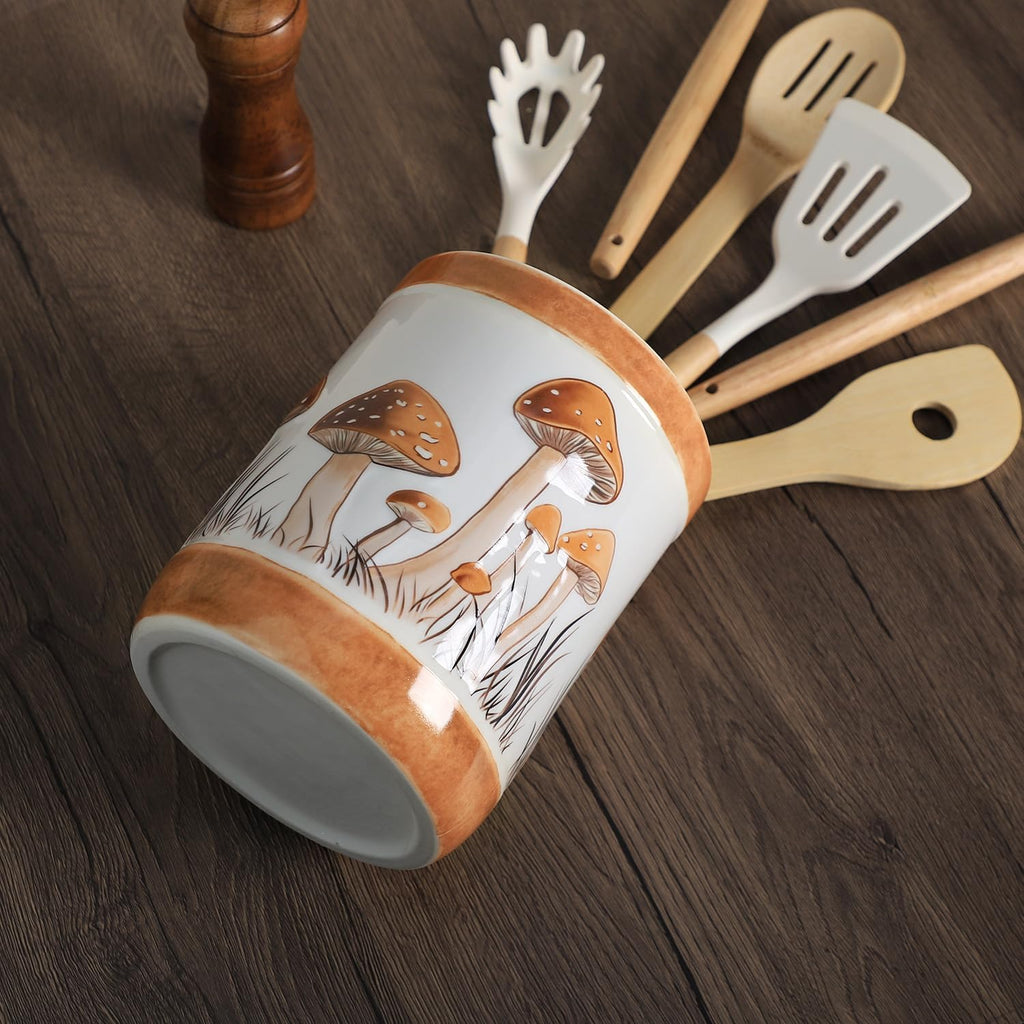 Brown Ceramic Mushroom Pattern Kitchen Utensil Holder, Large Cooking Utensil Crocks for Kitchen Countertop, Ceramic Utensil Organizer