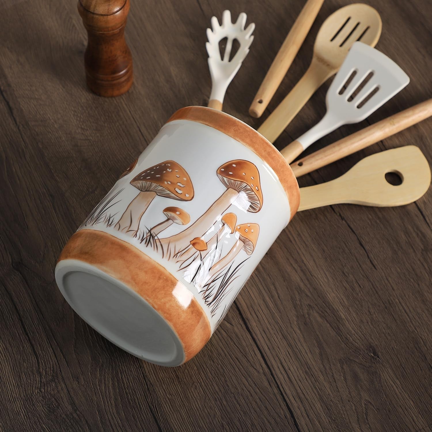 Brown Ceramic Mushroom Pattern Kitchen Utensil Holder, Large Cooking Utensil Crocks for Kitchen Countertop, Ceramic Utensil Organizer
