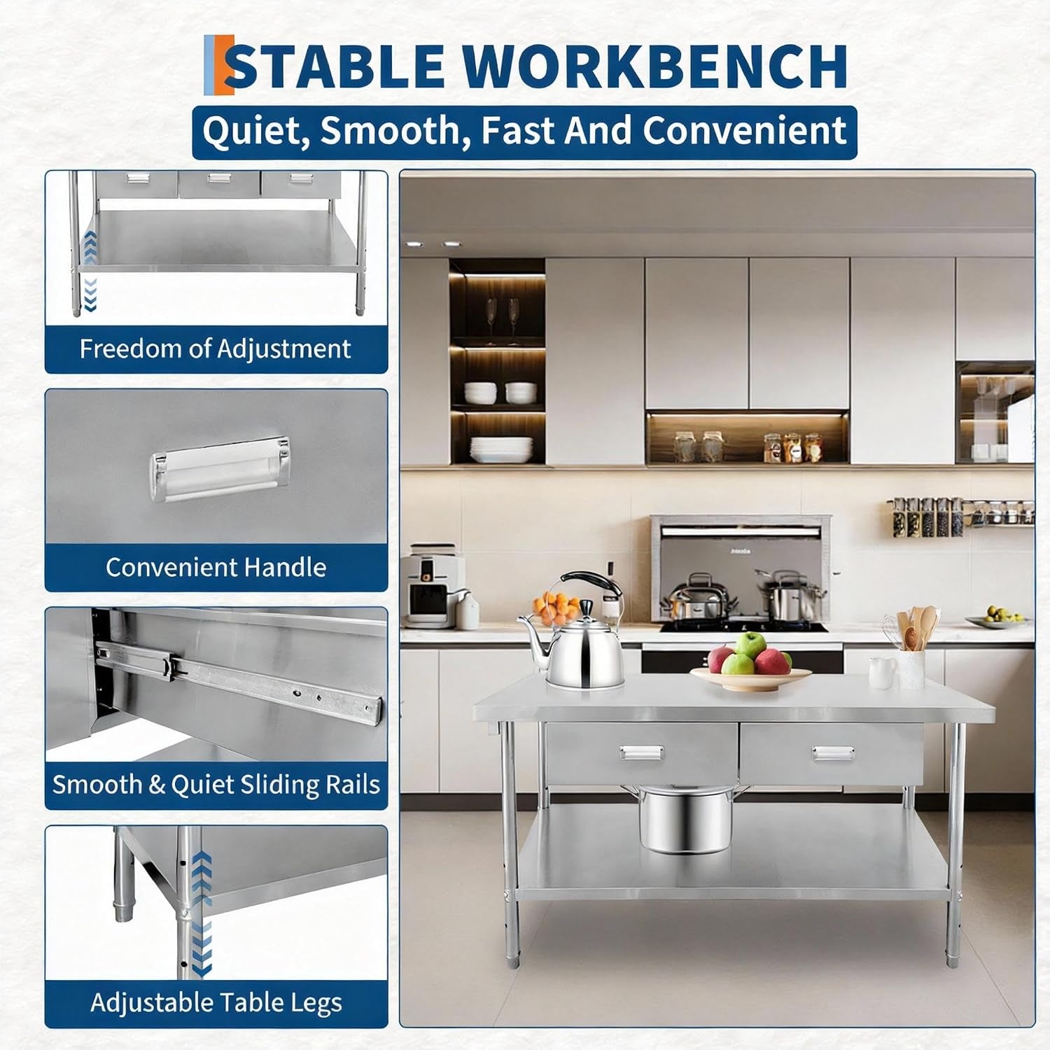 Stainless Steel Table with Drawers, 48" X 24" Commercial Work Tables with Undershelf, Metal Kitchen Prep Table for Home Restaurant Garage, Commercial Workbench