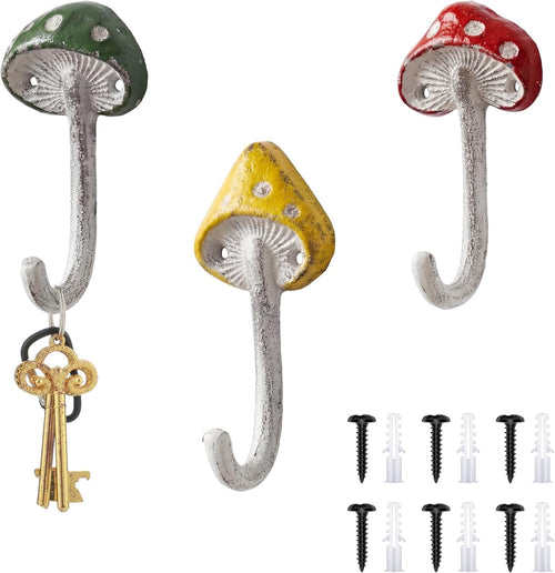 3 Pcs Mushroom Wall Hooks Decorative Iron Mushroom Shaped Hanging Hooks Wall Mounted Coat Towel Bags Hanger Key Holder for Home Bathroom Kitchen(Long Size,Cute Style,Multicolor)