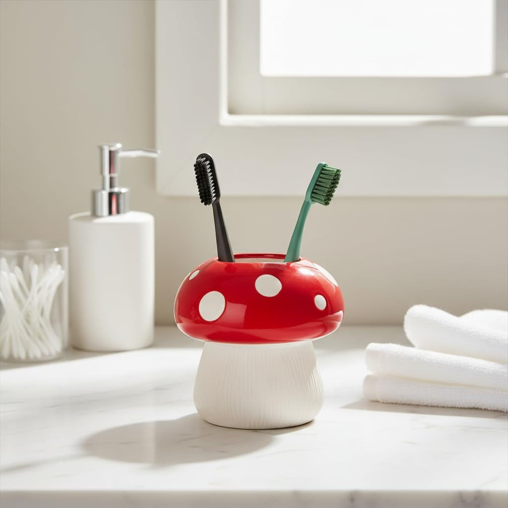 Mushroom Toothbrush Holder ， Cute Toothbrush Holder，Best Mushroom Kitchen Decor and Mushroom Bathroom Decor(Red)
