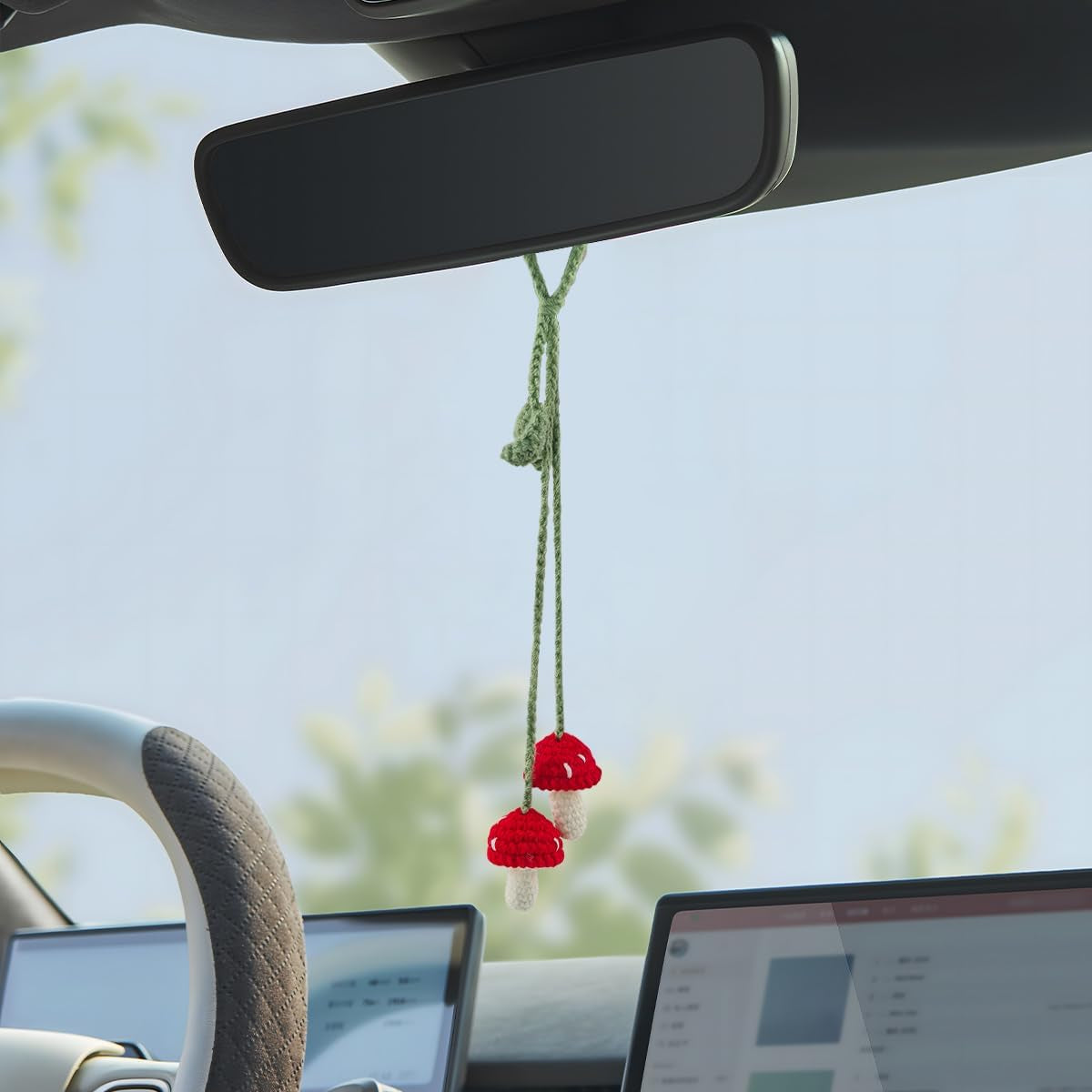 Mushroom Car Hanging Ornament, Cute Handmade Crochet Vehicle Rear View Mirror Pendant, Knitted Automotive Interior Decoration Charm Accessories, Universal for Sedan Truck SUV