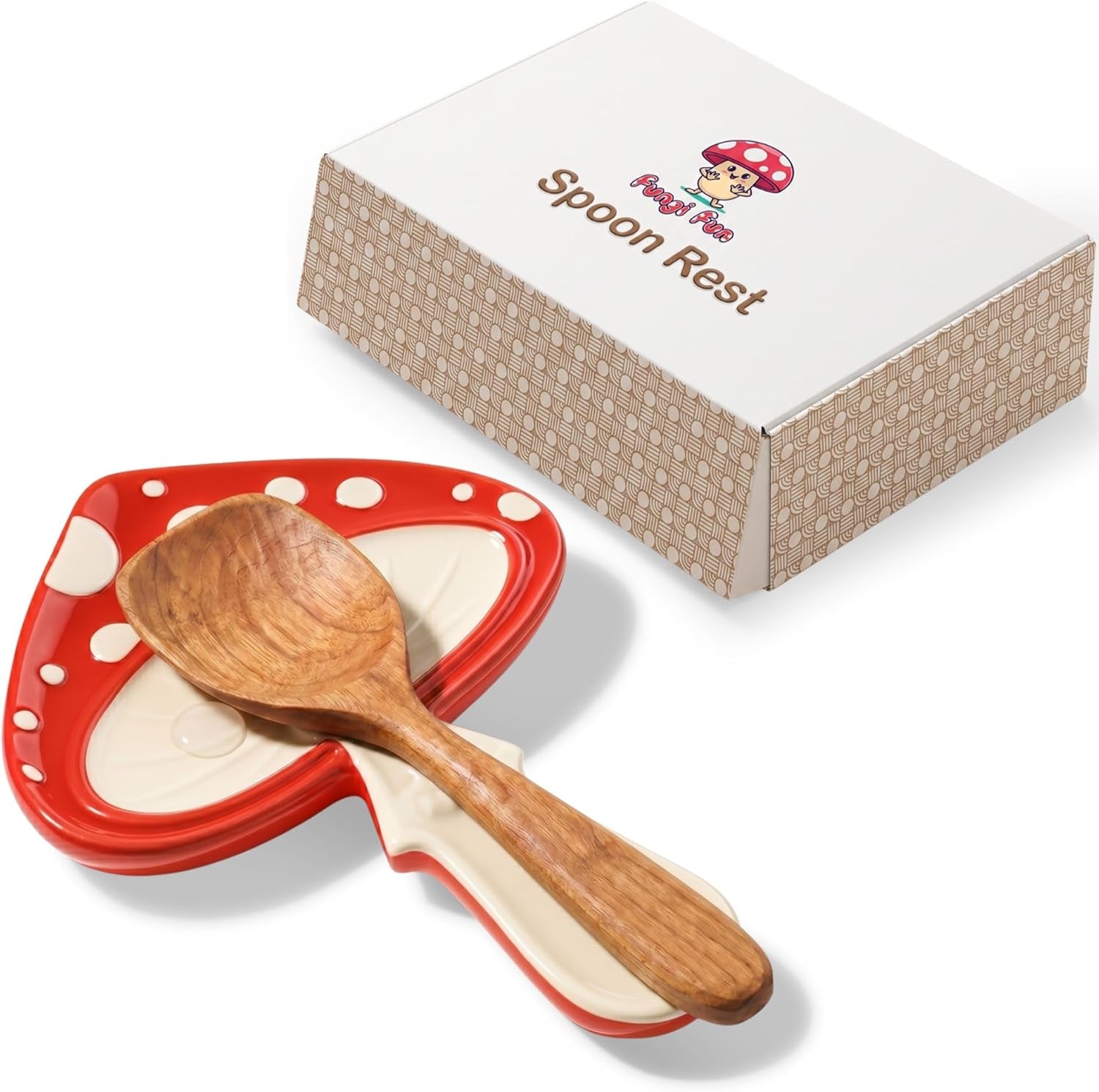 Ceramic Mushroom Spoon Rest - Whimsical Kitchen Decor for Home, Mushroom Utensil Spatula Holder for Cooktop Surface, Cute and Durable Kitchen Accessories, Cottagecore Decor Red & Cream