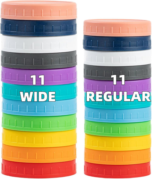 22 Pack Plastic Mason Jar Lids, 11 Wide Mouth & 11 Regular Mouth with Silicone Rings,Thickened Leak-Proof Lids Fit Ball,Kerr and More, 86Mm & 70Mm(Multicolored)