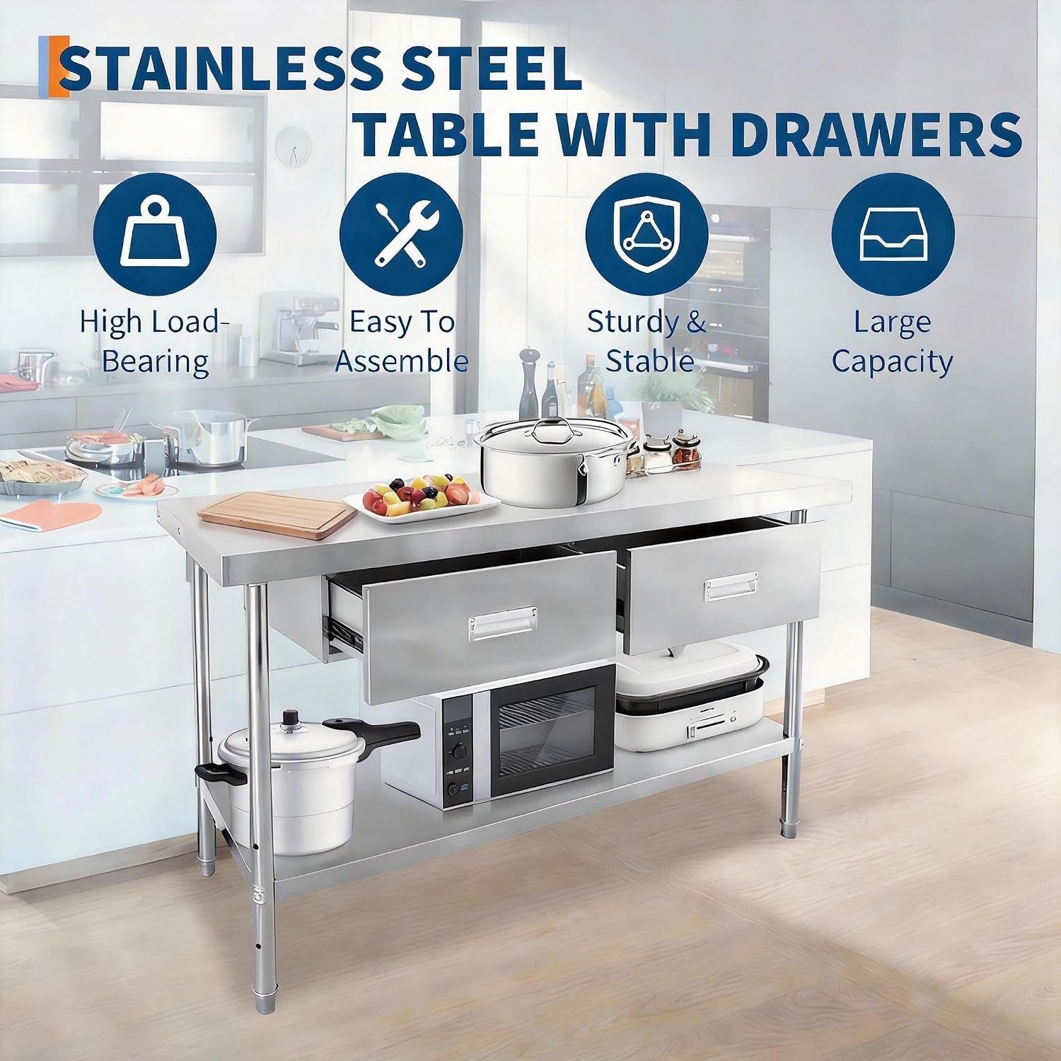 Stainless Steel Table with Drawers, 48" X 24" Commercial Work Tables with Undershelf, Metal Kitchen Prep Table for Home Restaurant Garage, Commercial Workbench