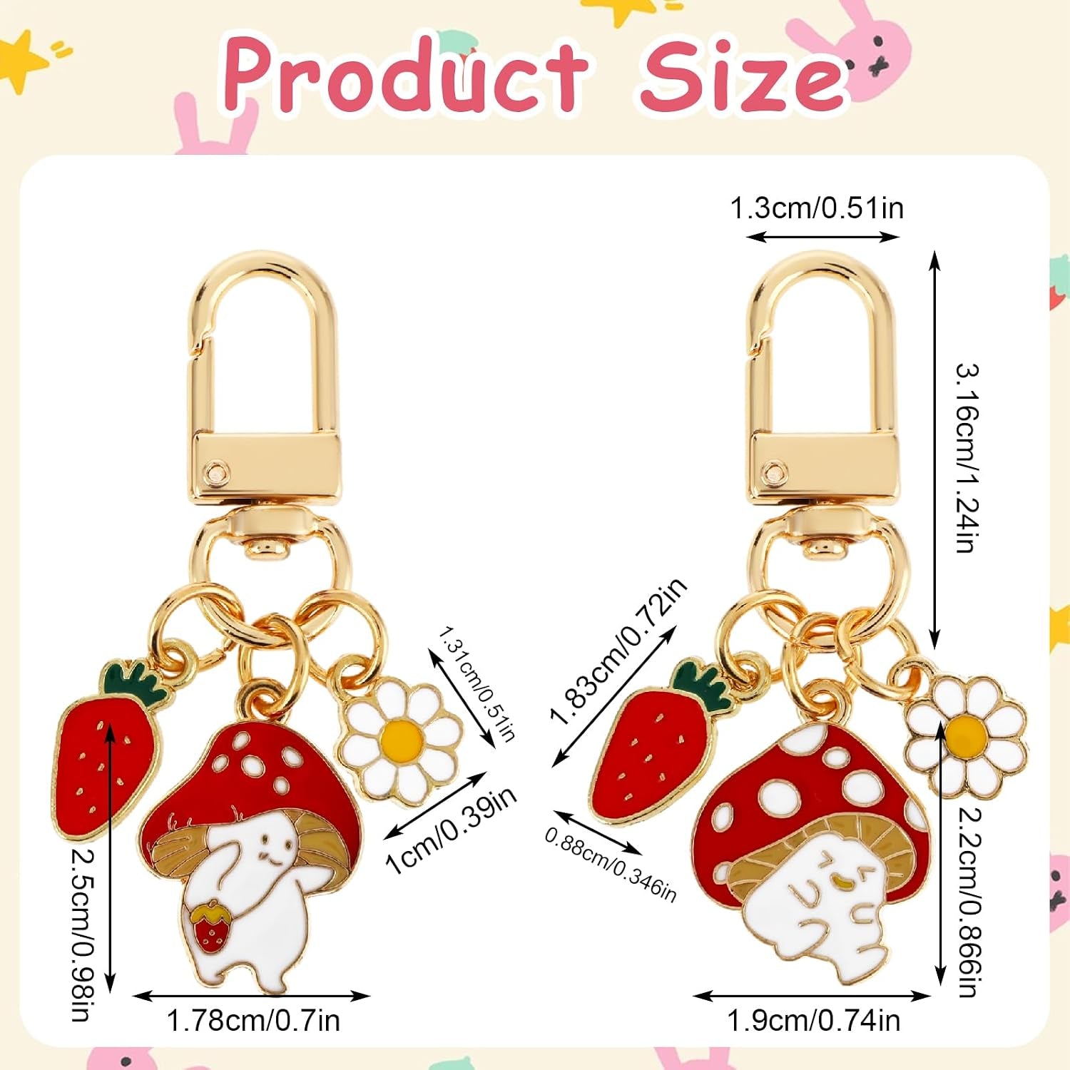 2 Pcs Key Charms for Keychain, Mushroom Strawberry Cute Keychains, Keychain Keyring Charms for Bag Car Ornaments, Party Valentine'S Day Gift for Women Girls