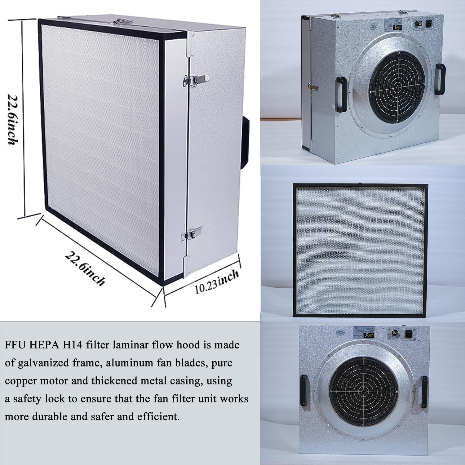 HEPA H14 Filtration Laminar Flow Hood（Include HEPA Filter）,Ffu,Updated Fan Filter Unit, Laminar Air Flow Hood (22.6”X22.6”110V), 100/ISO Class 5 Cleanliness, for Laboratories/Clean Rooms/Mushroom Room
