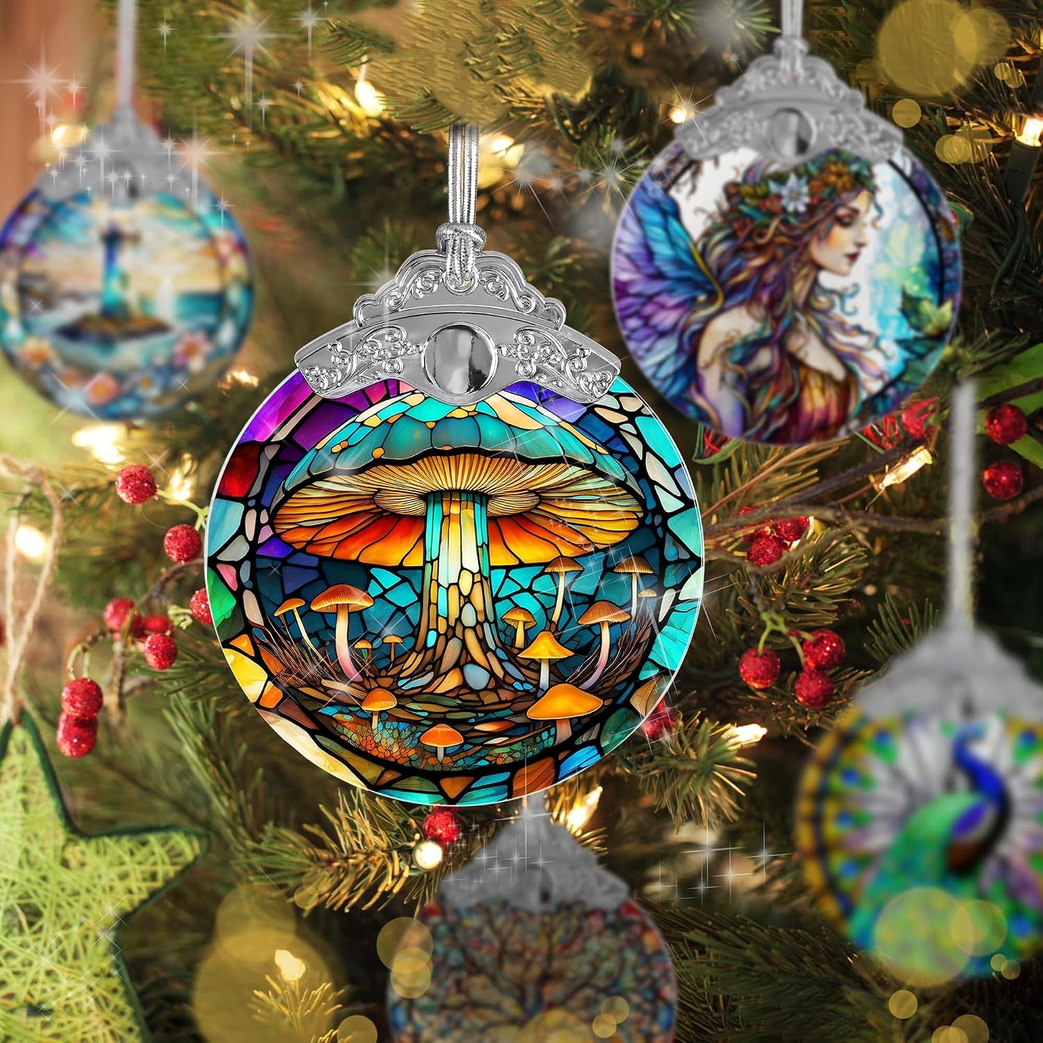 Stained Glass Suncatcher,  Mushroom Ornament, Christmas Ornaments, Holidays Ornaments, Christmas Tree Decor, Mushroom Decor for Home, Mushroom Gifts