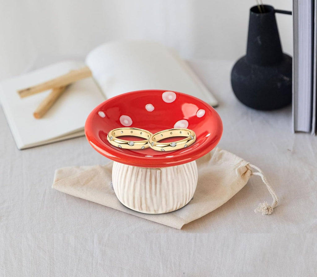 Mushroom Ring Holder Jewelry Tray Red Dish Ceramic Trinket Storage Jar Mini Engagement Ring Holder