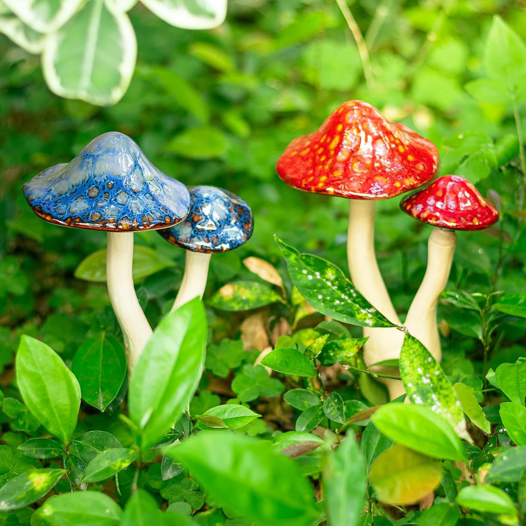 Mushroom Yard Decor - 2Pcs Ceramic Mushroom Statue for Garden, Fairy Garden Stakes Ceramic Lawn Ornament Decor Plants Stake