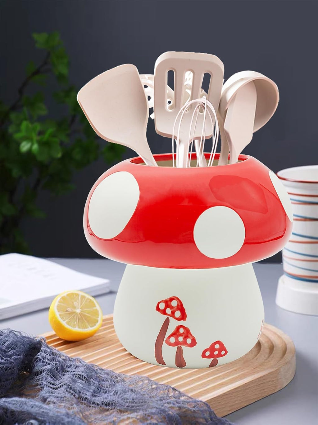 Mushroom Kitchen Utensil Holder for Countertop Mushroom Decor Ceramic Cooking Utensil Crock Large Spatula Holder Utensil Organizer Kitchen Decor