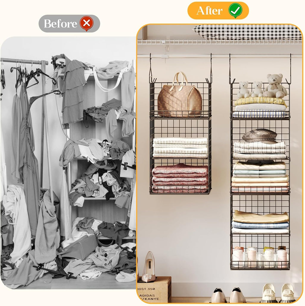 5 Tier Closet Hanging Organizer and Storage Separable Hanging Closet Shelves with 4 Hooks 2 Adjustable Dividers, Wire Storage Basket Bins for Clothing Sweaters Socks Dolls Handbags, Foldable