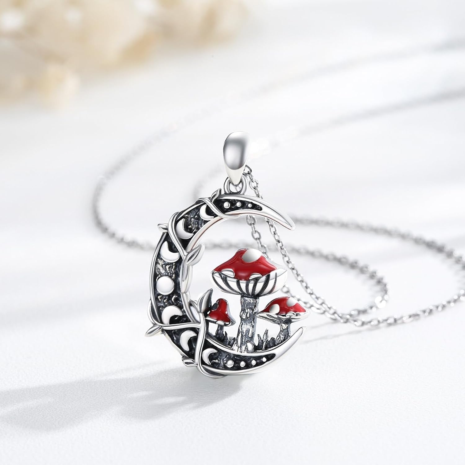 Moon Mushroom Necklace 925 Sterling Silver Mushroom Pendant Moon Phase Necklaces Mushroom Jewelry Gift for Women Mushroom Lover Anniversary Christmas Gift