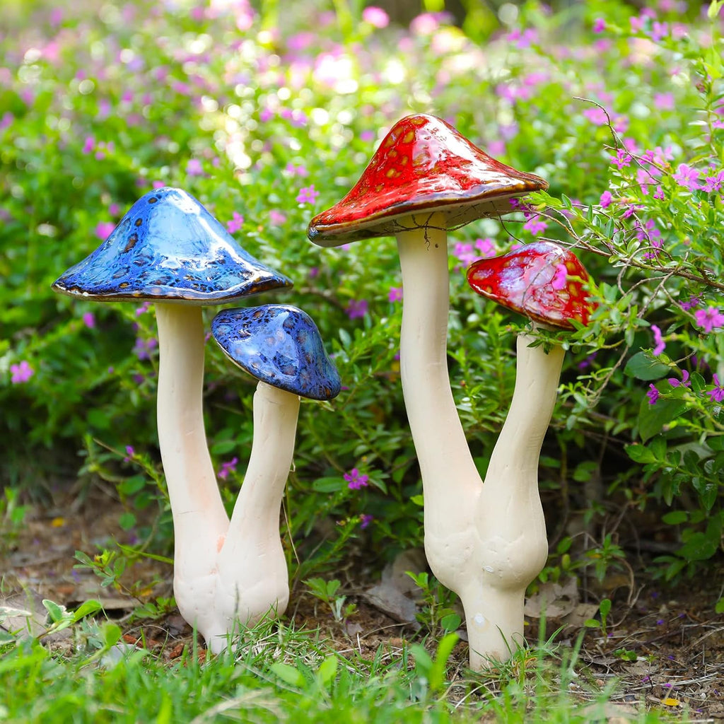 Mushroom Yard Decor - 2Pcs Ceramic Mushroom Statue for Garden, Fairy Garden Stakes Ceramic Lawn Ornament Decor Plants Stake