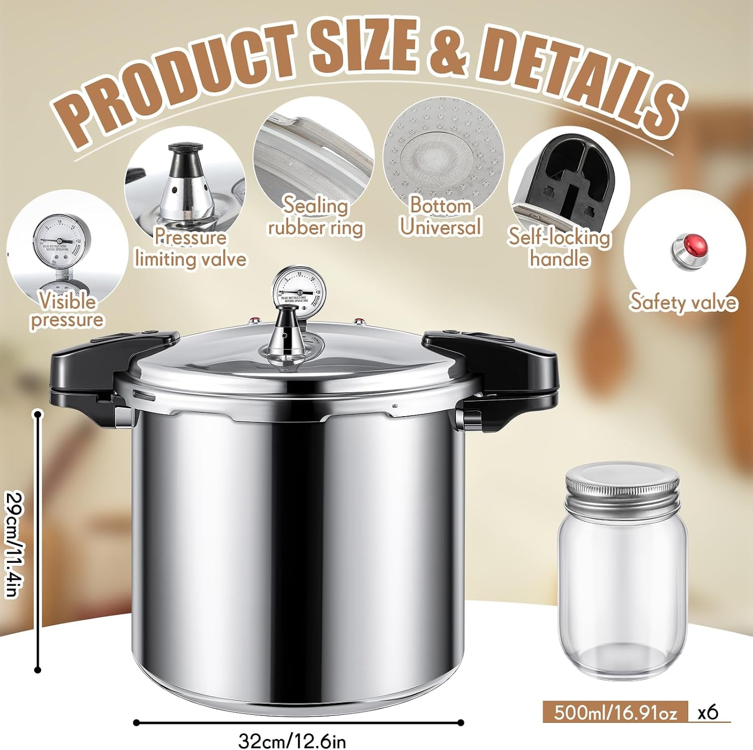 24Qt Pressure Cooker with 6 Mason Jars, 6 Canning Supplies with Pressure Panner Stainless Steel Steam Rack Gauge for Canning, Silver
