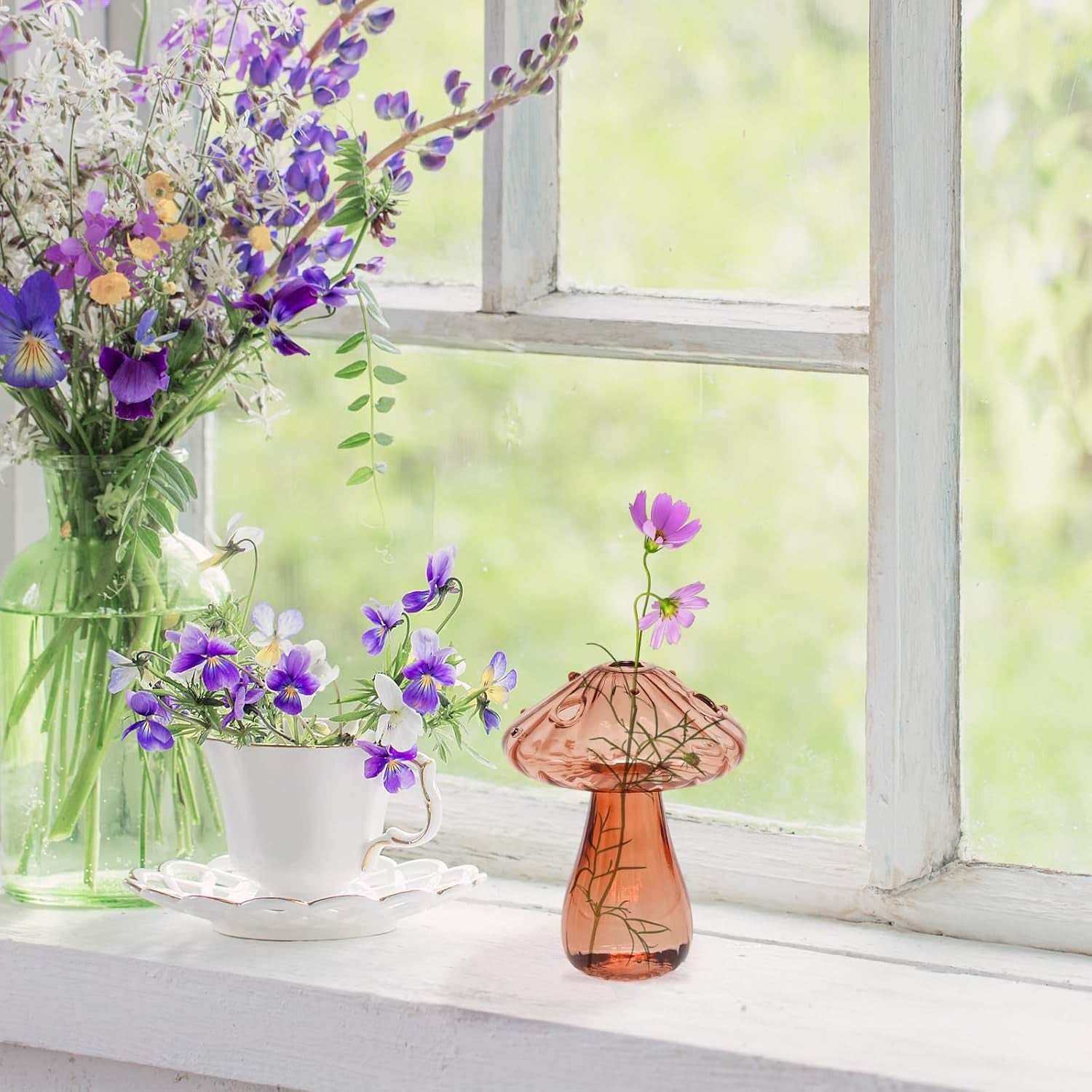 4.7" Brown Mushroom Vase Glass Decorative Mushroom Planter Propagation Station Small Flower Vase for Office Home Decor