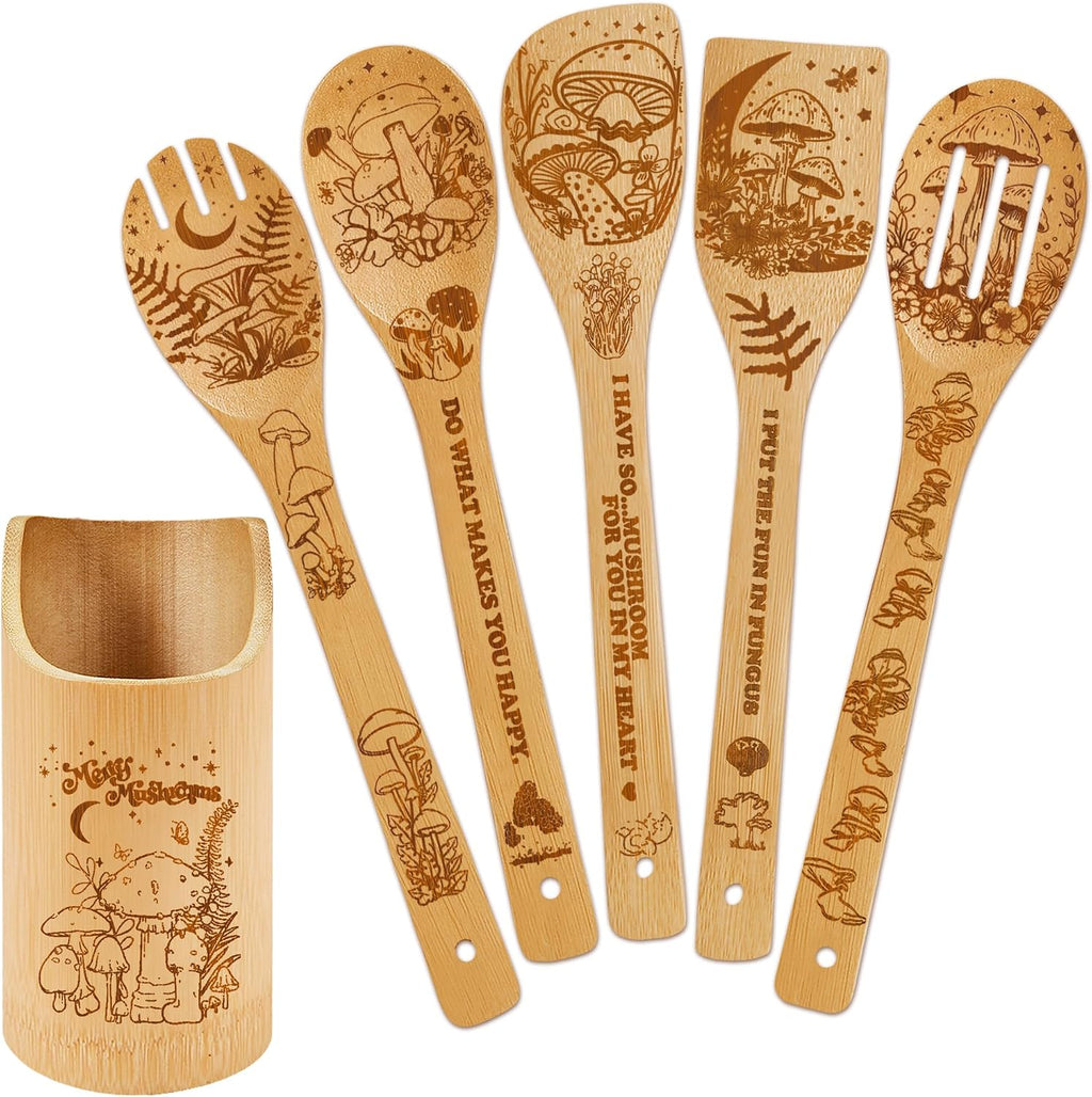 Mushroom Kitchen Decor Bamboo Wooden Spoons with Utensil Holder-Mushroom Kitchen Accessories for Cooking-Home Decorations Gifts for Women-Housewarming,Birthday,Easter,Mothers Day Gift（6Pcs）