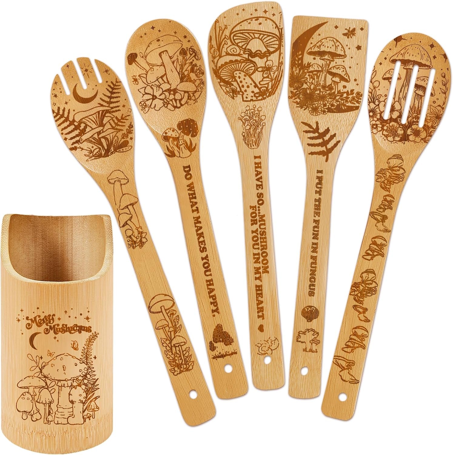 Mushroom Kitchen Decor Bamboo Wooden Spoons with Utensil Holder-Mushroom Kitchen Accessories for Cooking-Home Decorations Gifts for Women-Housewarming,Birthday,Easter,Mothers Day Gift（6Pcs）