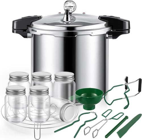 24Qt Pressure Cooker with 6 Mason Jars, 6 Canning Supplies with Pressure Panner Stainless Steel Steam Rack Gauge for Canning, Silver