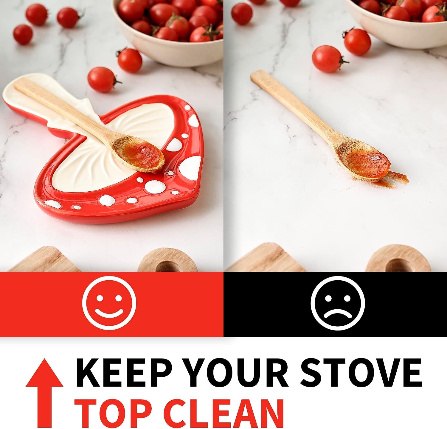Ceramic Mushroom Spoon Rest - Whimsical Kitchen Decor for Home, Mushroom Utensil Spatula Holder for Cooktop Surface, Cute and Durable Kitchen Accessories, Cottagecore Decor Red & Cream