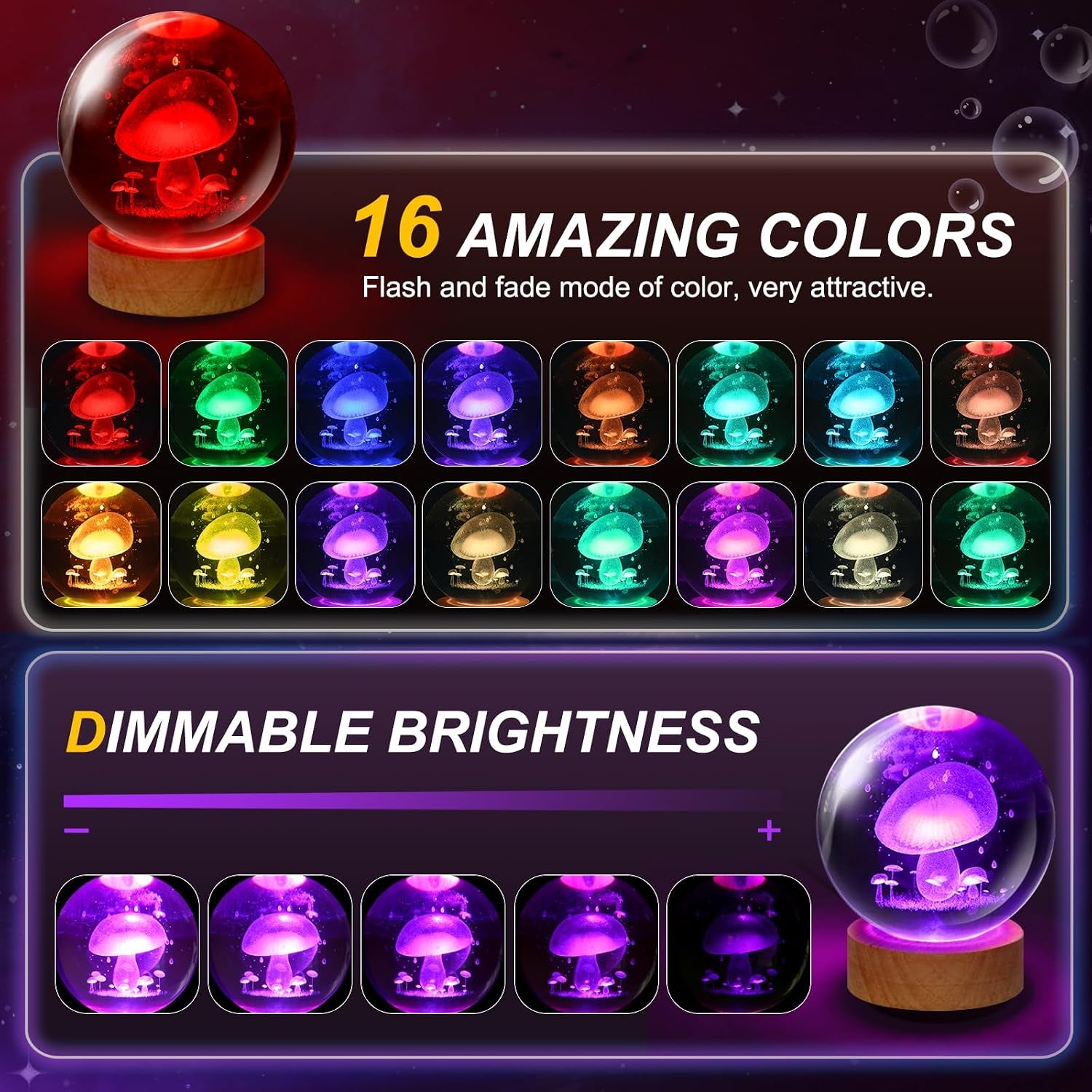 Mushroom Lamp,3.15 Inch 3D K9 Crystal Ball Mushroom Night Light with Wooden Base,16 Colors Change,Remote Control,Color Box,Birthday Christmas Gift