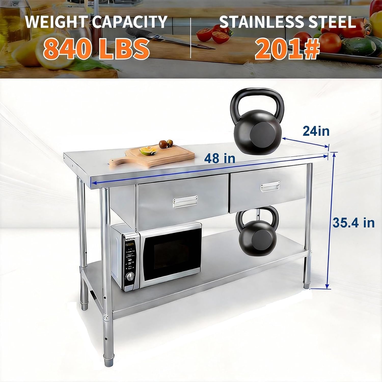 Stainless Steel Table with Drawers, 48" X 24" Commercial Work Tables with Undershelf, Metal Kitchen Prep Table for Home Restaurant Garage, Commercial Workbench