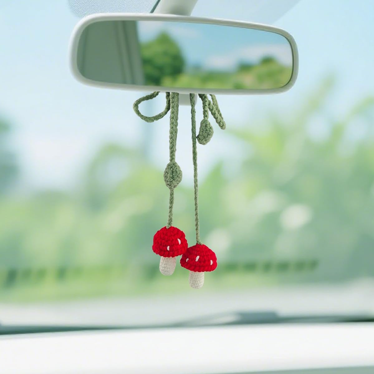 Mushroom Car Hanging Ornament, Cute Handmade Crochet Vehicle Rear View Mirror Pendant, Knitted Automotive Interior Decoration Charm Accessories, Universal for Sedan Truck SUV