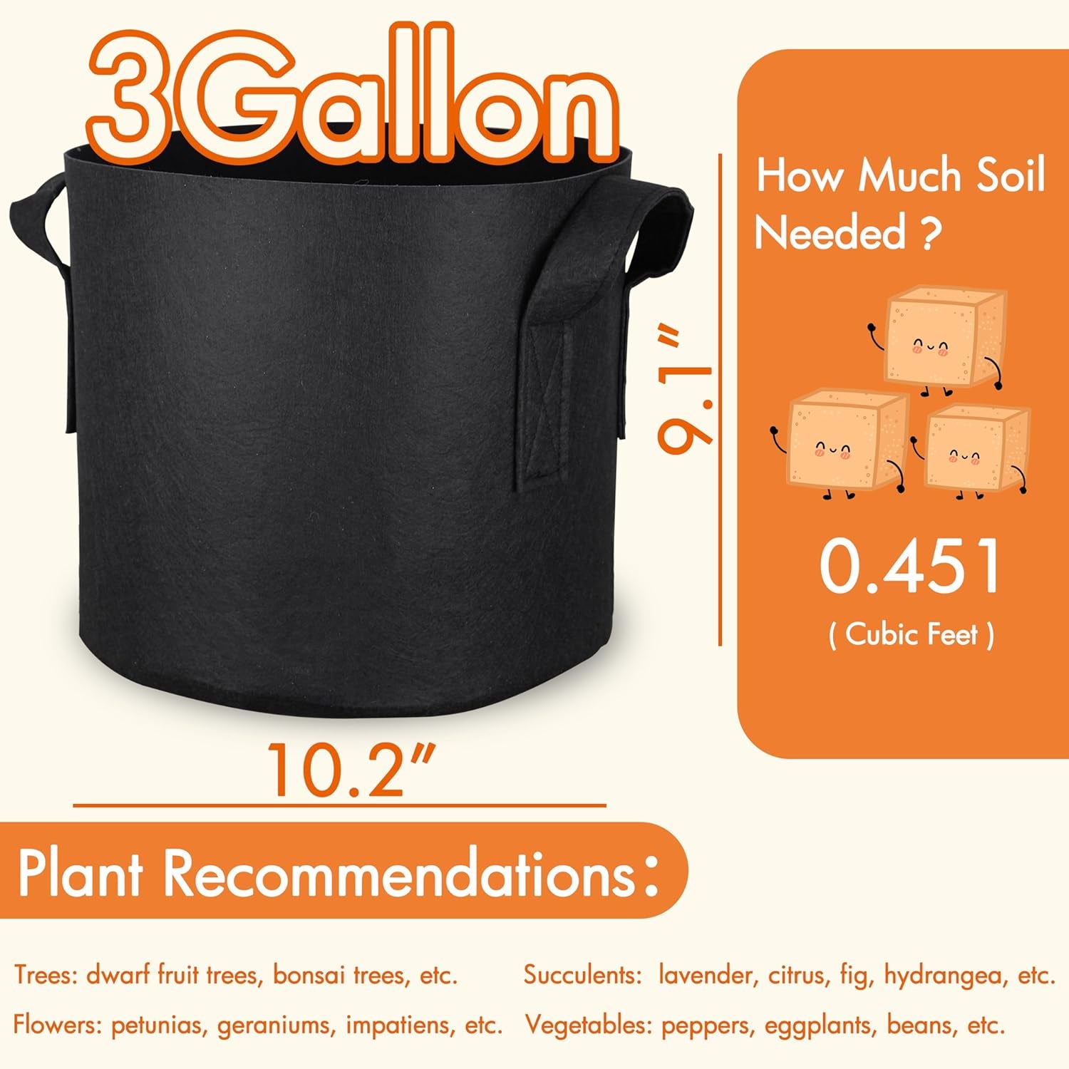 10-Pack 3 Gallon Grow Bags, 300G Thickened Fabric Grow Bags with Handles, Heavy Duty Aeration Plant Grow Bags for Outdoor & Indoor Use