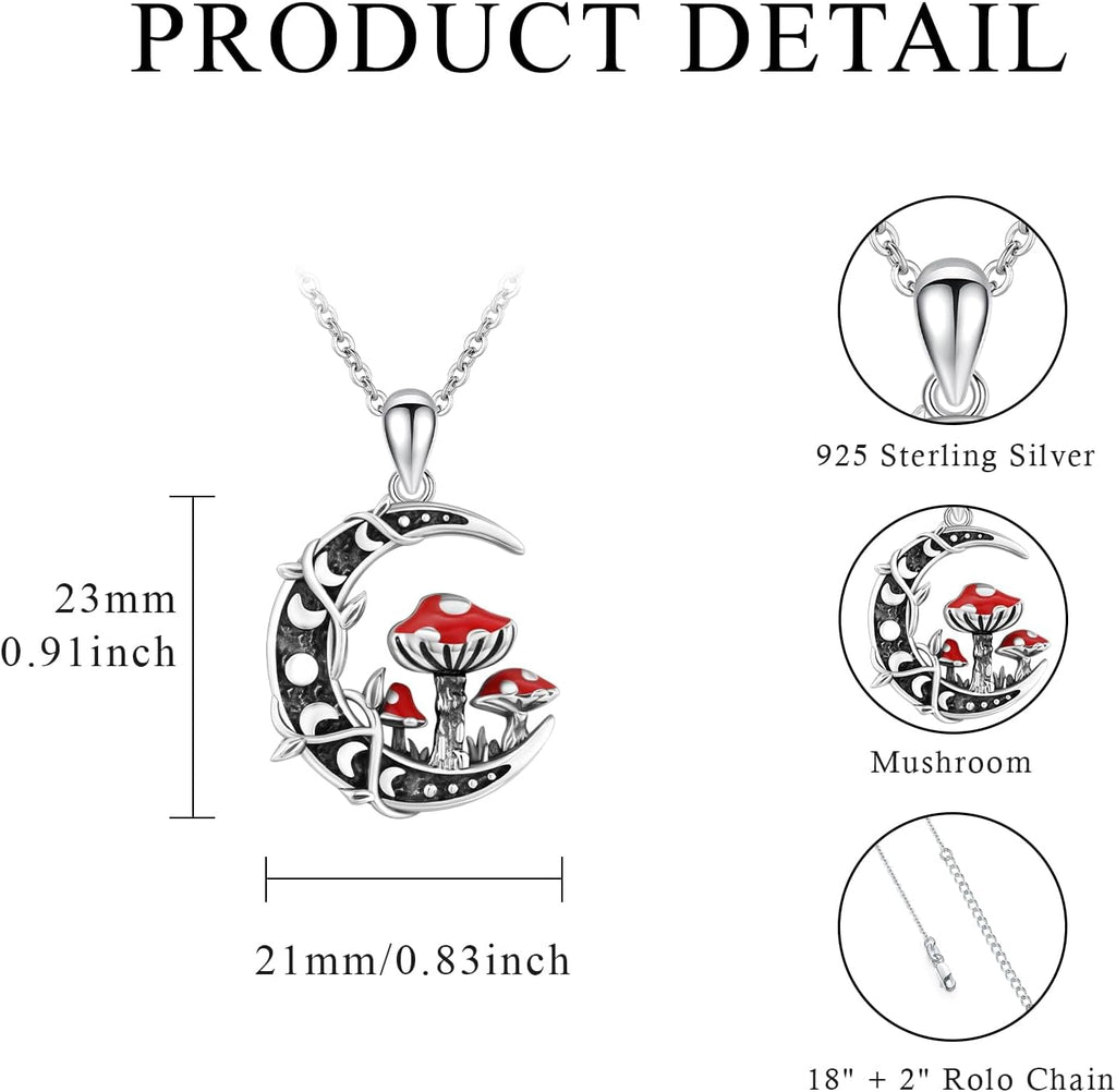 Moon Mushroom Necklace 925 Sterling Silver Mushroom Pendant Moon Phase Necklaces Mushroom Jewelry Gift for Women Mushroom Lover Anniversary Christmas Gift