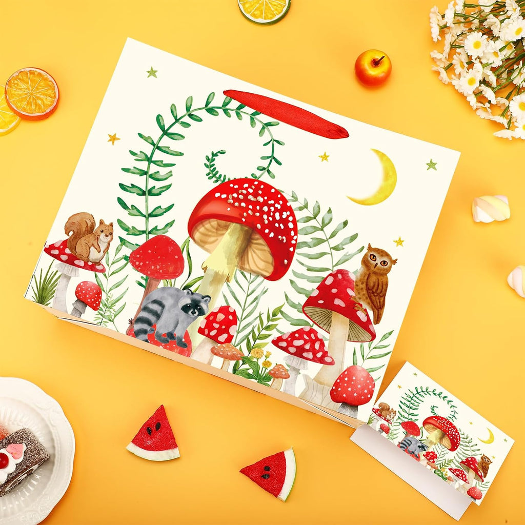 Mushroom Gift Bag for Mushroom Party Decoration Mushroom Birthday Gift Bag with Tissue Papers and Card Mushroom Themed Wrapping Bags Squirrel Owl for Boys Girls Xmas Jungle Party Christmas Baby Shower