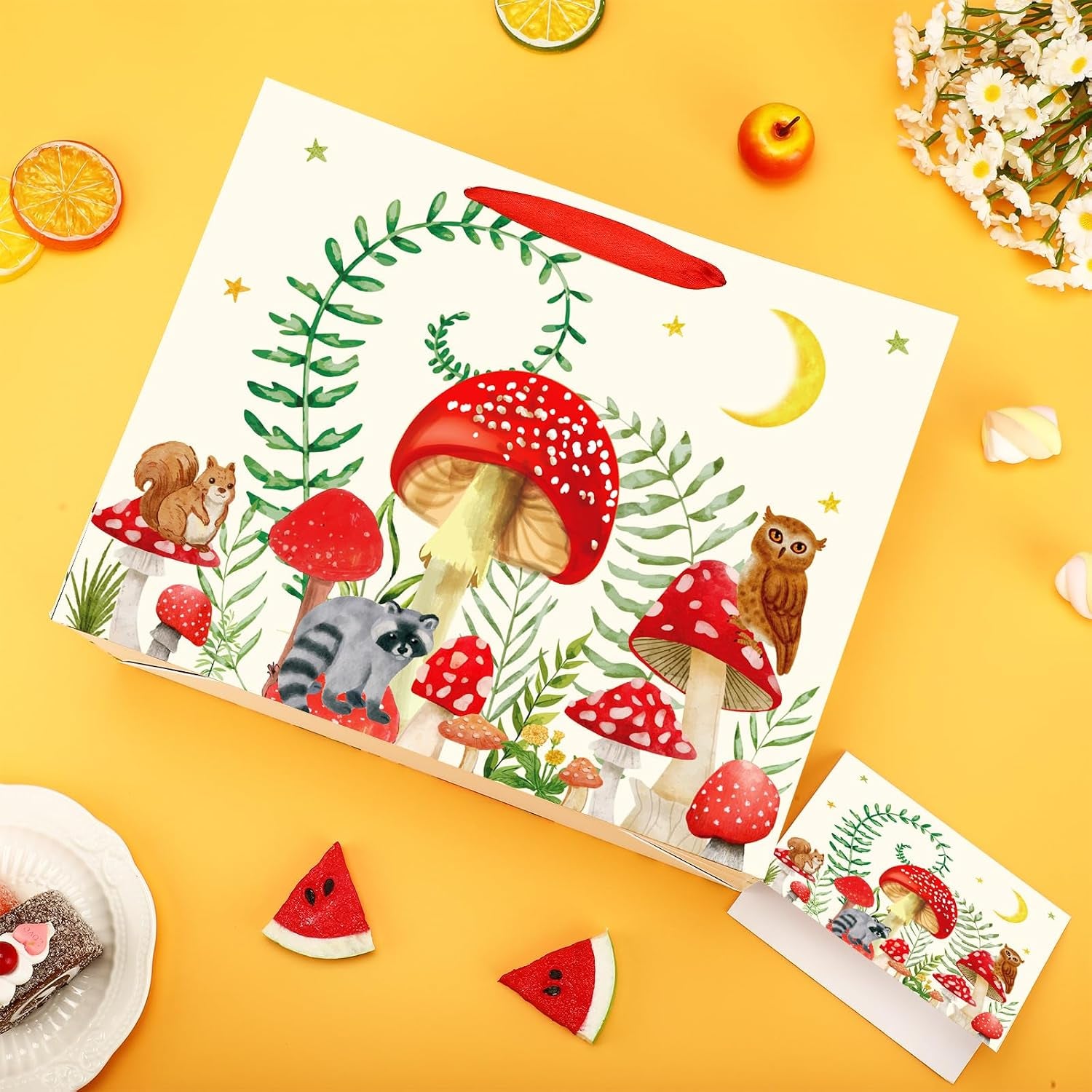 Mushroom Gift Bag for Mushroom Party Decoration Mushroom Birthday Gift Bag with Tissue Papers and Card Mushroom Themed Wrapping Bags Squirrel Owl for Boys Girls Xmas Jungle Party Christmas Baby Shower