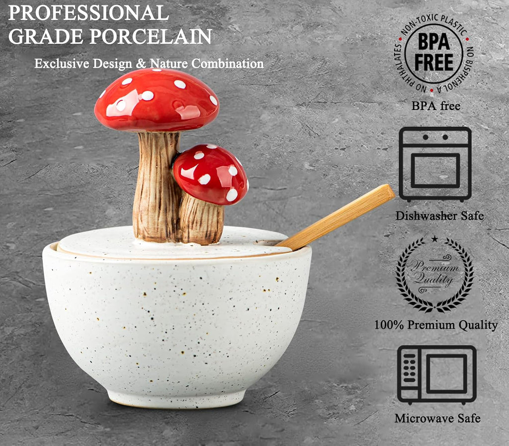 Mushroom Salt Cellar with Lid Ceramic Salt Box White Salt Bowl Salt Container with Lid Salt Pig with Bamboo Spoon Salt Holder Salt Well Salt Keeper