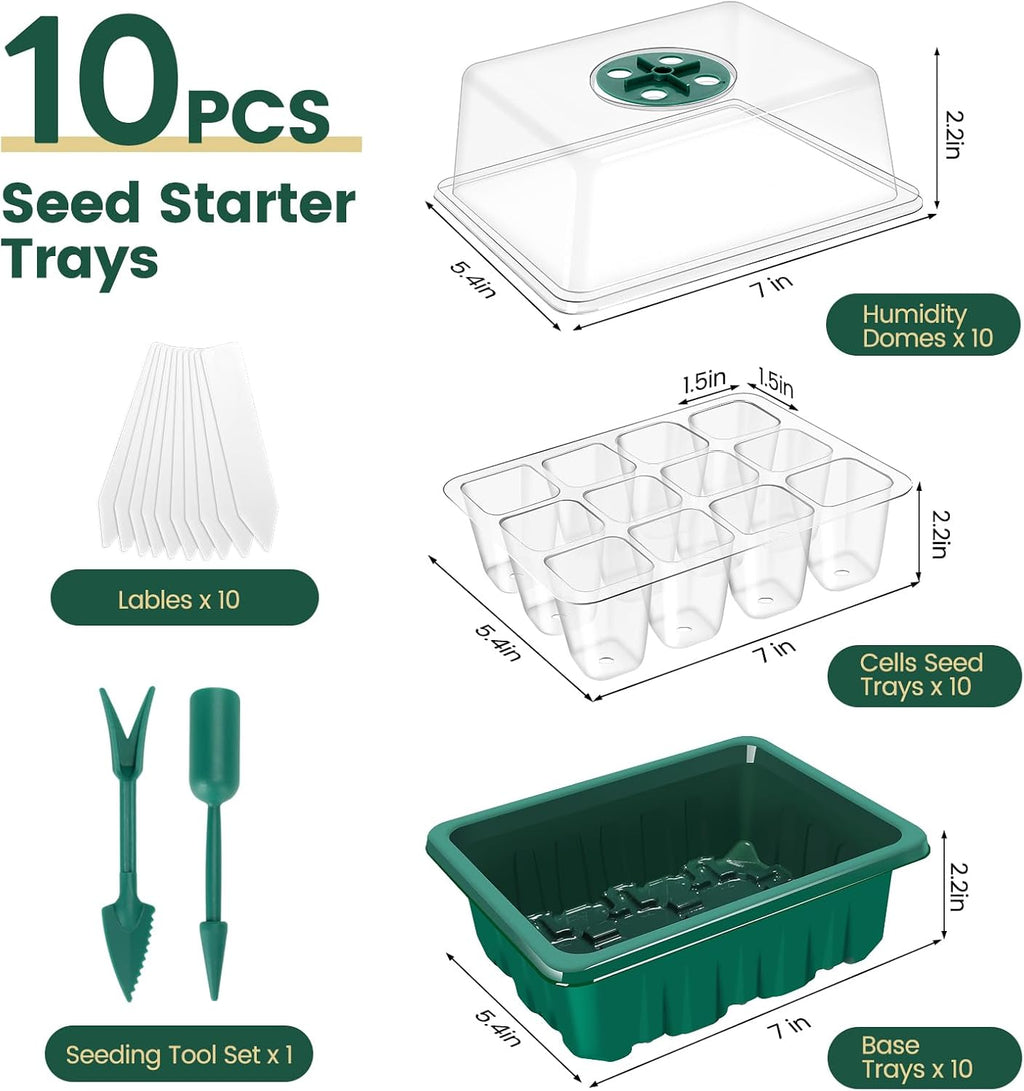 3Rd Gen Seed Starter Tray, 10 Packs Seed Starter Kit (120 Total Cells), Upgraded Thick Seedling Tray with Adjustable Humidity Dome, Plant Germination Trays for Seeds Starting Growing